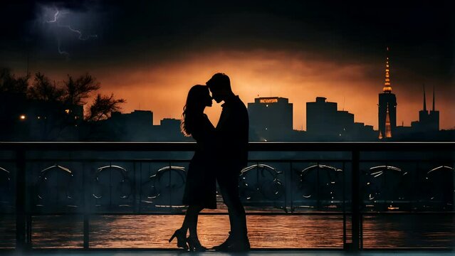 footage kissing couple silhouette in a raindrop romantic footage luxury dark aesthetics background and an image of city town with artificial lights	