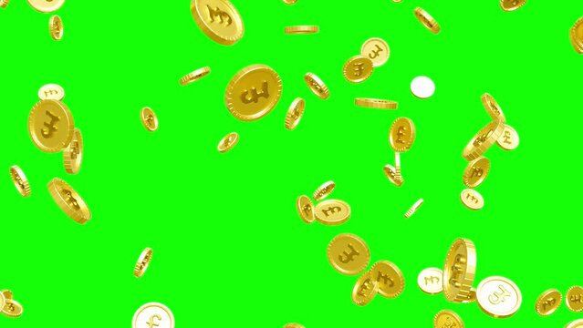 Gold coins with British pound sterling symbol falling down - 3D Render - Green screen video