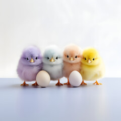 Cute Four colorful baby chicks and two chicken eggs. Minimal Easter concept.