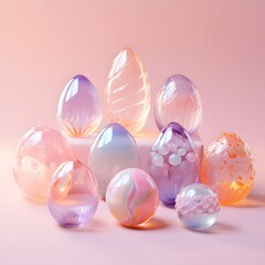 A group of glass transparent Easter eggs. Minimal holiday concept. Pastel pink background