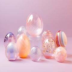 Decoration of colorful glass Easter eggs. Minimal concept. Pastel pink background.
