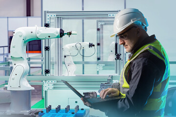 Engineer sets up manipulator hand. Builder works in production. Programmer writes code for manipulator hand. Engineer man is working on automation in factory. Robotization of manufactory