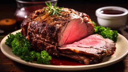 A plate of mouthwatering and tender roasted prime rib with au jus