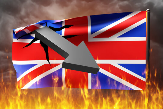Great Britain flag on fire. Burning national banner British kingdom. Down arrow breaks England flag. Concept crisis in great Britain. Political problems united kingdom. Crisis in UK. 3d image