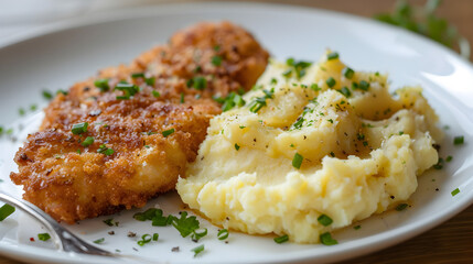Breaded chicken cutlet with mashed potatoes - obrazy, fototapety, plakaty