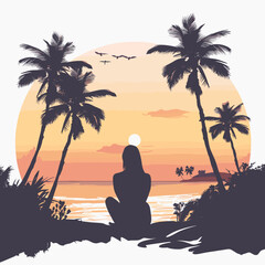 Woman on a tropical paradise beach watching the sunset, vector graphic, minimalistic style, white background