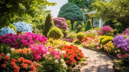Keuken spatwand met foto A rainbow-colored garden with blooming flowers © Cloudyew