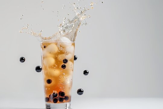 Trendy drink, bubble tea with tapioka and ice cubes on grey background with copy space for text