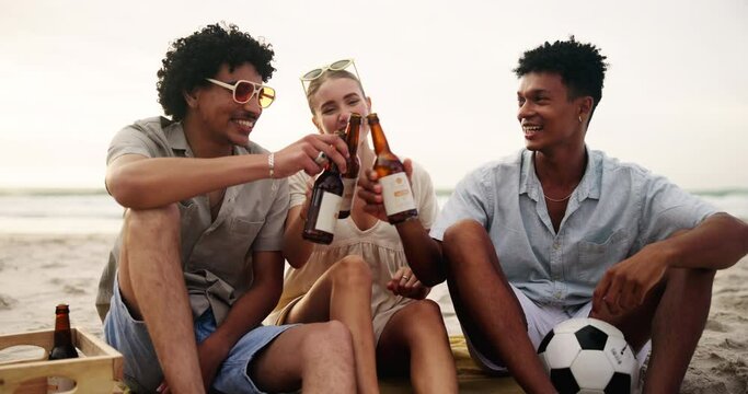 Friends, cheers and talking on beach with beer for bonding, gossip story and laughing for funny joke on sand. Men, woman or conversation with drinking alcohol, toast or diversity for social gathering
