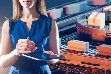 Woman manager of manufacturing company. Conveyor line behind girl. Lady with tablet tracks boxes on...