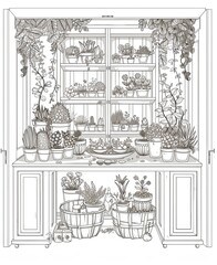 Fototapeta premium Coloring template of different plants on shelfs