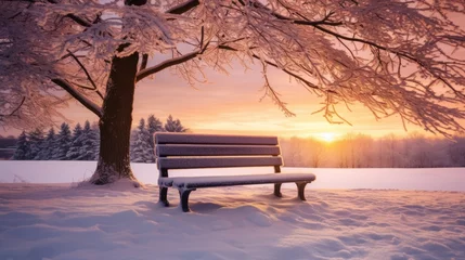  A snow covered park bench at sunrise © Cloudyew
