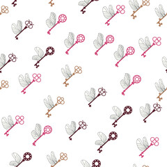 Seamless pattern with magic keys with wings. Vector.