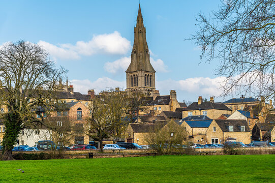 A view across the River Welland towards Saint Marys Church in the town of Stamford, Lincolnshire, UK in winter