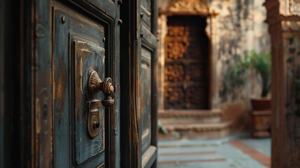 Ancient wooden door with old door handle and door lock - obrazy, fototapety, plakaty