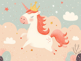 Obraz premium Unicorn with crown on colorful background