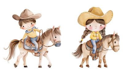 Cowboy and cowgirl riding on horses, watercolor illustration