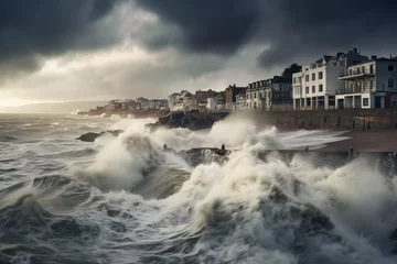 Fotobehang Coastal town with resilience against severe rainstorm. Generative AI © Nomad_Soul