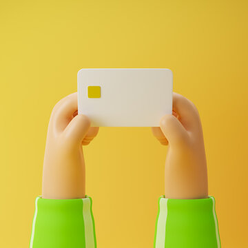 Athlete Cartoon Hands Holding Bank Credit Card Isolated Over Yellow Background. 3D Rendering.