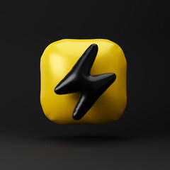 Inflated lighting bolt icon isolated over black background. 3D rendering.