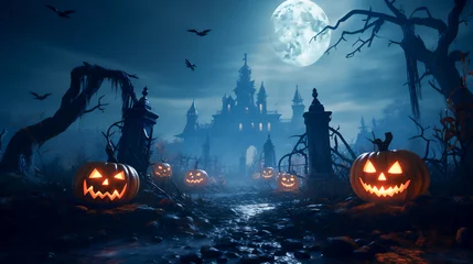 Wandaufkleber Halloween scene with a castle and a moon in the background © panya7