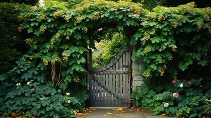 A charming garden gate covered in climbing vines