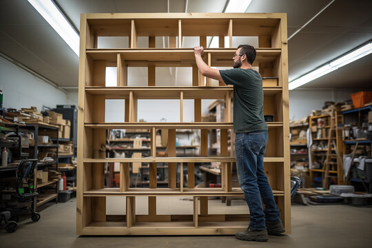 Skilled artisan is carefully constructing a large wooden shelving unit in a well-equipped woodshop