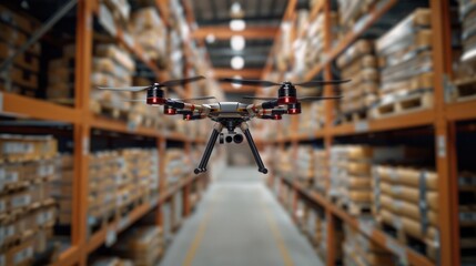 Drone in the warehouse, autonomous delivery robot is flying in storehouse shipping