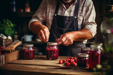 Close-up of elderly man's hands canning ripe berries in jars on a rustic kitchen table - obrazy, fototapety, plakaty