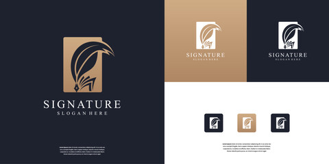 Golden quill Feather Pen, Minimalist Signature Handwriting logo design inspiration.