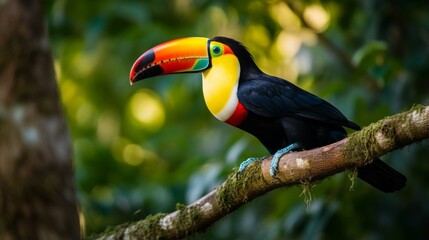 Fototapeta premium A colorful toucan perched on a branch in the jungle