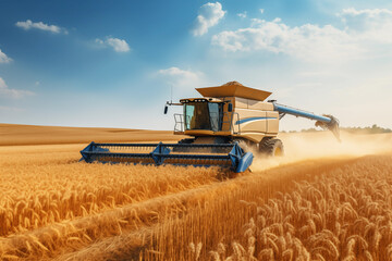 Obraz premium Harvester combine harvesting grain in summer day. Generative AI