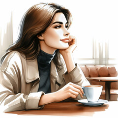 Młoda kobieta w kawiarni pije kawę, dekoracja generative ai - obrazy, fototapety, plakaty