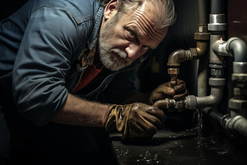 Fototapeta na wymiar Professional male plumber repairs pipes, focused and determined in a dark setting