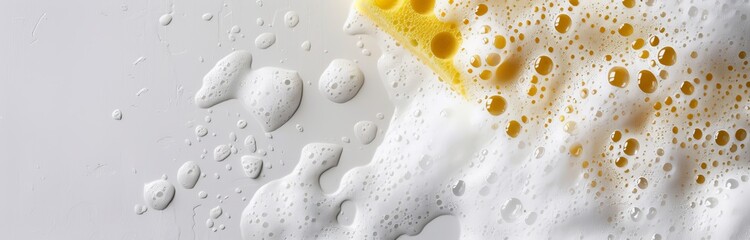 banner yellow sponge with soapy foam on a white surface. top view, Cleaning concept - obrazy, fototapety, plakaty