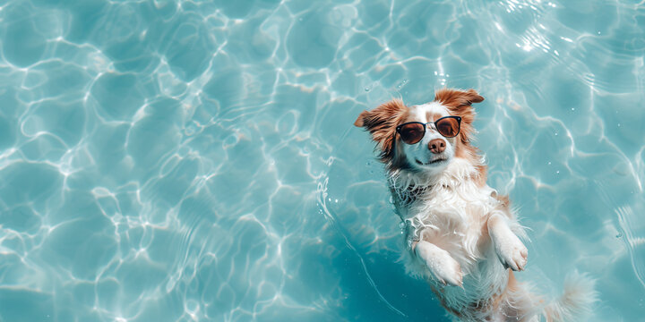 Cute funny dog wearing sunglasses and floating in a swimming pool. Happy pet swim in ocean or sea, play in the water. Travel, summer vacation, holiday concept. Creative card or banner with copy space