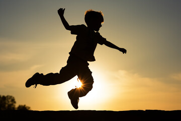 Silhouette boy jumping at sunset. Generative AI - 755807114