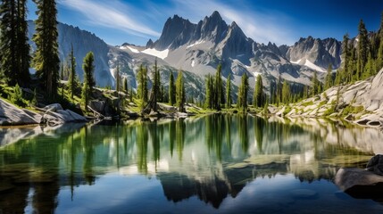A peaceful mountain lake reflecting the surrounding peaks - obrazy, fototapety, plakaty