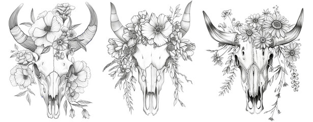 Black and white western bull skull with beautiful flower wreath collection
