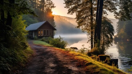 A road leading to a serene riverside cabin