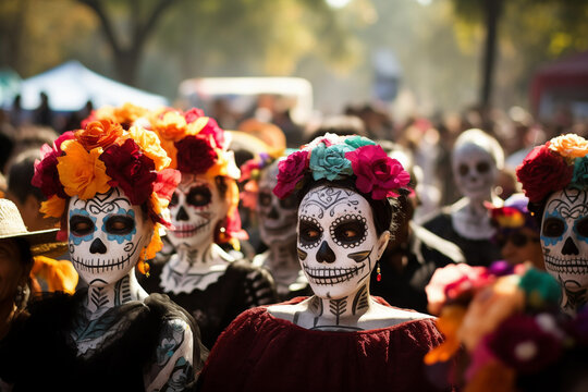 Day of the Dead outdoor. People in costumes with greasepaint on faces. Generative AI