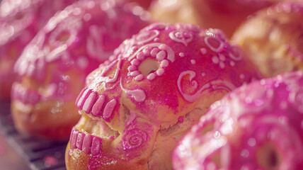 Offerings of pan de muerto, sweet bread adorned with sugar skulls, in a lively shade of pink.