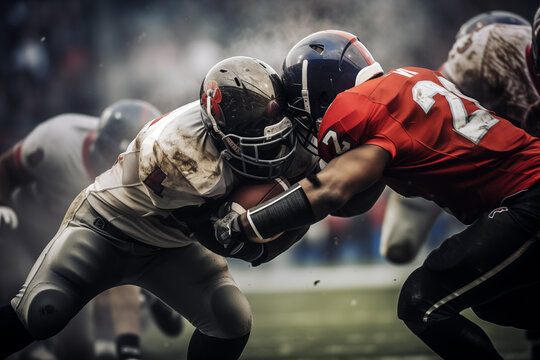 American football players fighting for the ball in rain. Generative AI - Powered by Adobe