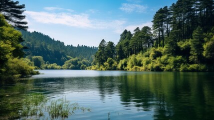 Fototapeta na wymiar A serene lake surrounded by lush vegetation