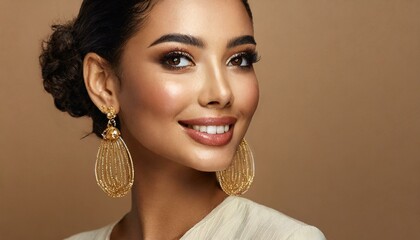 Beauty Model Portrait with plump Lip Makeup looking sideways. Beautiful smiling Woman 