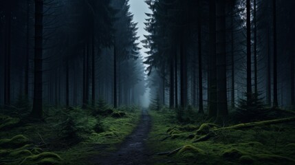 A sinister forest at dusk with fog rolling in
