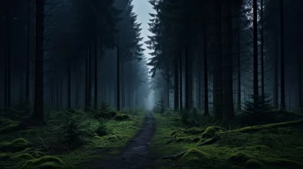 Fotobehang A sinister forest at dusk with fog rolling in © Cloudyew