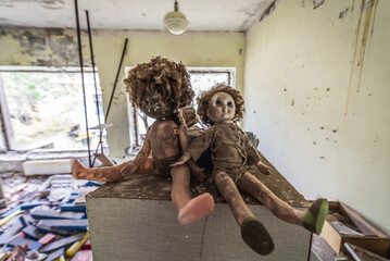 Dolls in Cheburashka kindergarten in Pripyat abandoned city in Chernobyl Exclusion Zone, Ukraine
