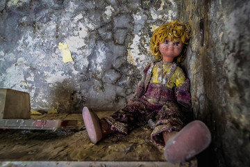 Doll in Cheburashka kindergarten in Pripyat abandoned city in Chernobyl Exclusion Zone, Ukraine