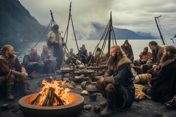 Vikings sitting together nearly bonfire. Generative AI - obrazy, fototapety, plakaty